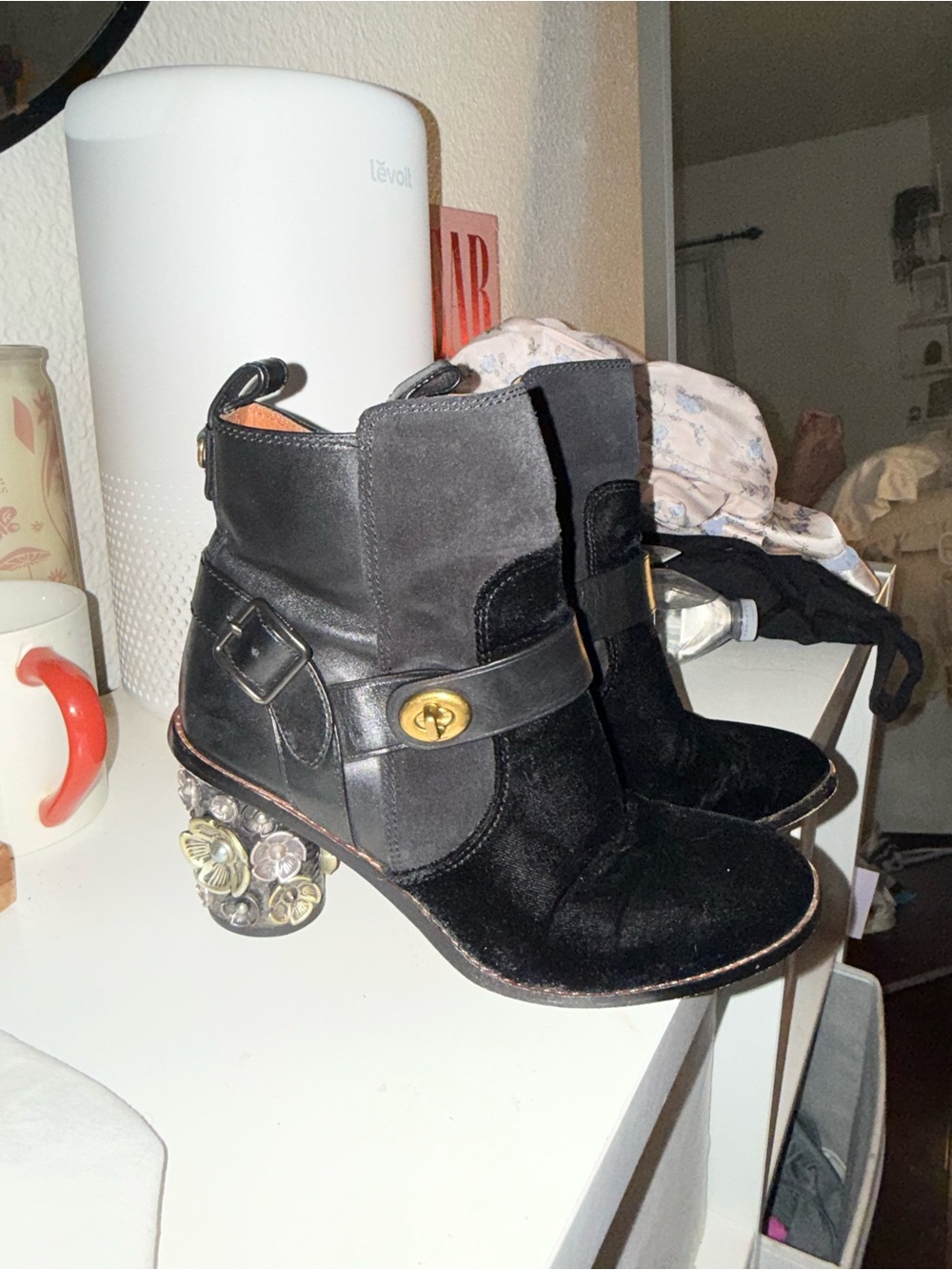 Coach Black Suede & Leather Embellished Heel Ankle Boots